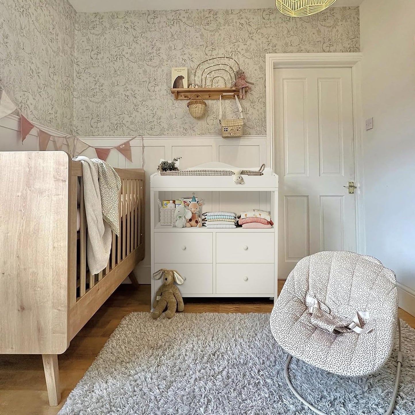 BOLUO White Changing Table with Drawers Fabric Baby Dresser with Changing Table Top Diaper Changing Station with Storage Shelf for Nursery Modern