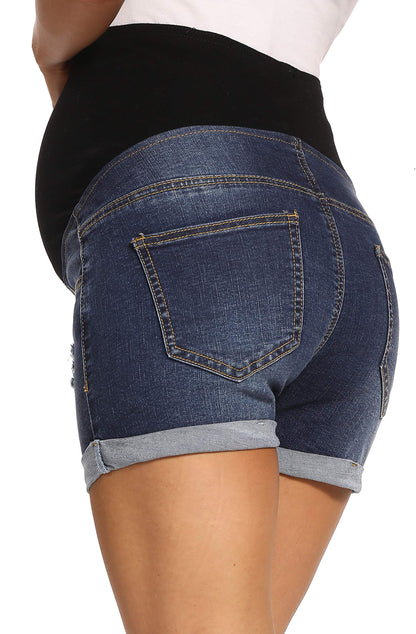 V VOCNI Maternity Denim Shorts Women's Summer High Waist Distressed Cuffed Hem Casual Denim Jeans Short
