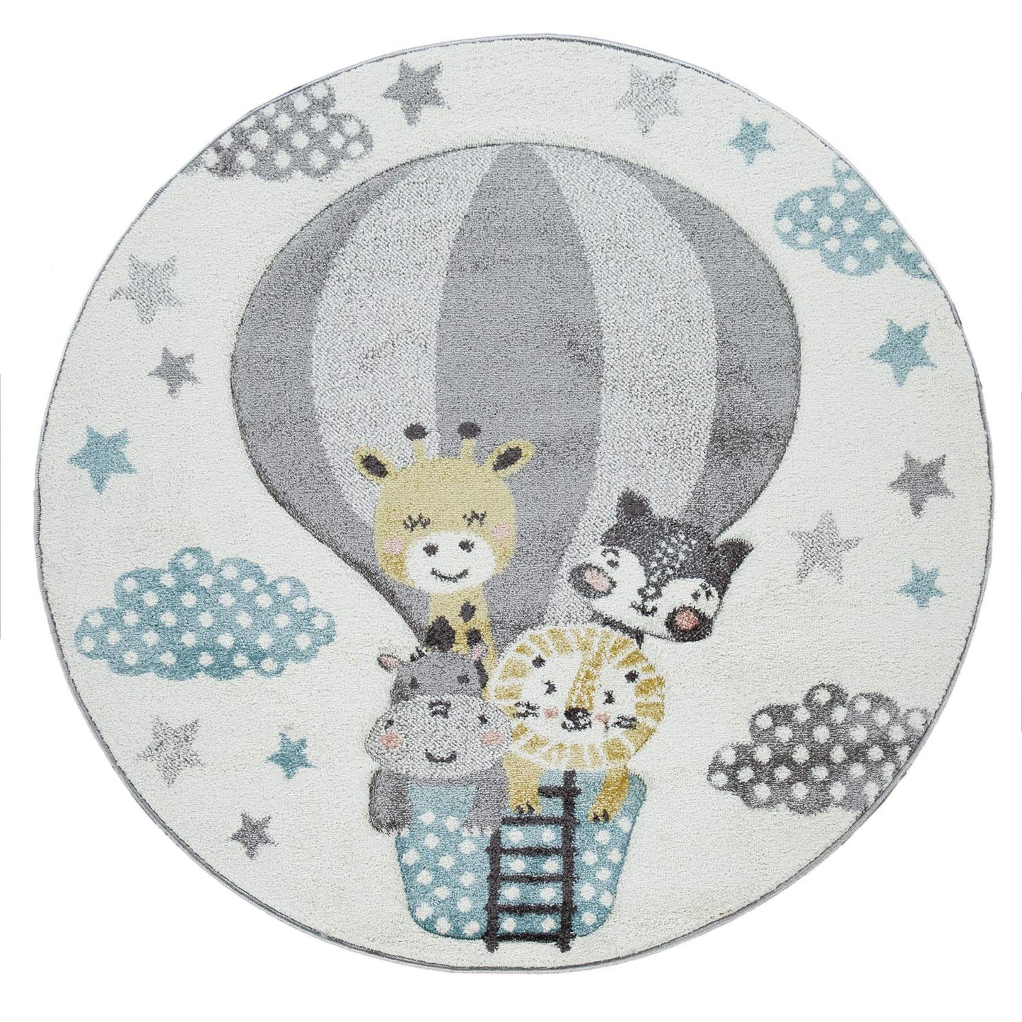 Kids Rug with Cute Animals on a Hot Air Balloon Ride in Pastel, Size: 2'8" x 4'11"