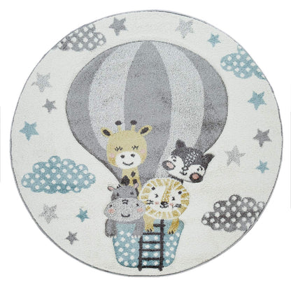 Kids Rug with Cute Animals on a Hot Air Balloon Ride in Pastel, Size: 2'8" x 4'11"
