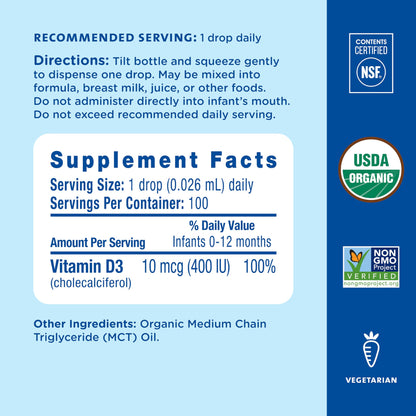 Mommy's Bliss Organic Baby Vitamin D Drops | Promotes Healthy Growth and Bone Development | Age Newborn+ | 0.11 Fl Oz (100 Servings)