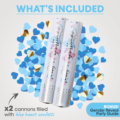 PrimePure Gender Reveal Confetti Cannon - Heart Shaped Confetti Poppers - Blue 2 Pack - Baby Boy Gender Reveal Party Poppers Party Cannons Shooter Blaster