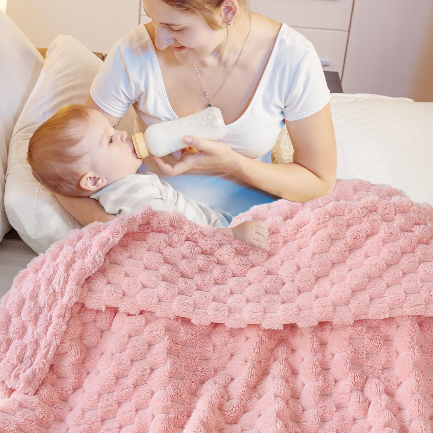 HOMRITAR Baby Blanket for Boys or Girls 3D Jacquard Fluffy Fuzzy Soft Warm Cozy Flannel Fleece Warm Blanket for Nursery, Stroller Toddler Bedding (30 x 40 Inch, Blue)
