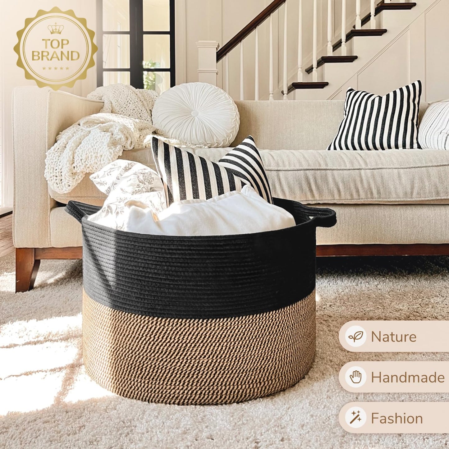 INDRESSME XXXLarge Cotton Rope Basket 21.7" x 21.7" x 13.8" Woven Baby Laundry Blanket Basket Toy Baskets with Handle Storage Comforter Cushions Thread Laundry Hamper
