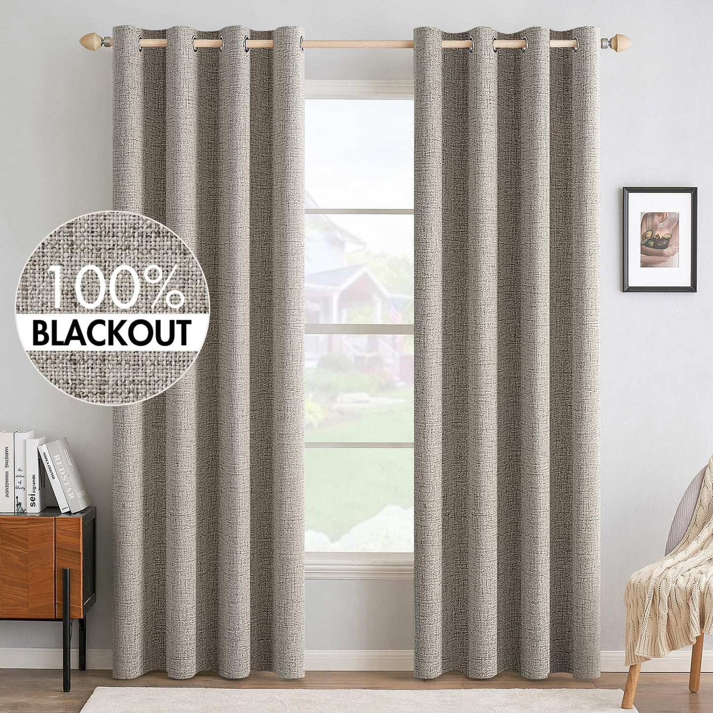 MIULEE 100% Blackout Linen Textured Curtains for Bedroom Solid Thermal Insulated Natural Beige Grommet Room Darkening Curtains & Drapes Luxury Decor for Living Room Nursery 52 x 84 Inch (2 Panels)