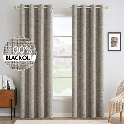 MIULEE 100% Blackout Linen Textured Curtains for Bedroom Solid Thermal Insulated Natural Beige Grommet Room Darkening Curtains & Drapes Luxury Decor for Living Room Nursery 52 x 84 Inch (2 Panels)
