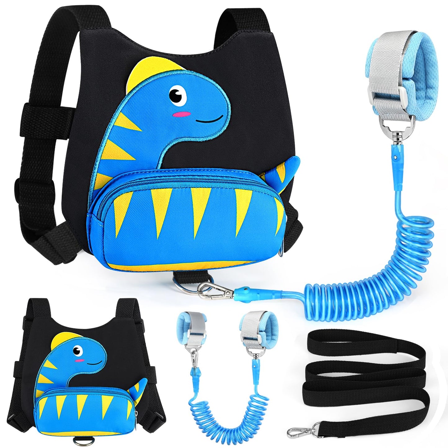 Accmor Toddler Harness with Leash, Cute Dinosaur Kids Harness + Anti Lost Wrist Link, Mini Child Harness Leash Wristband Strap Belt Protector for Baby Boys Girls to Outdoor Travel (Blue)