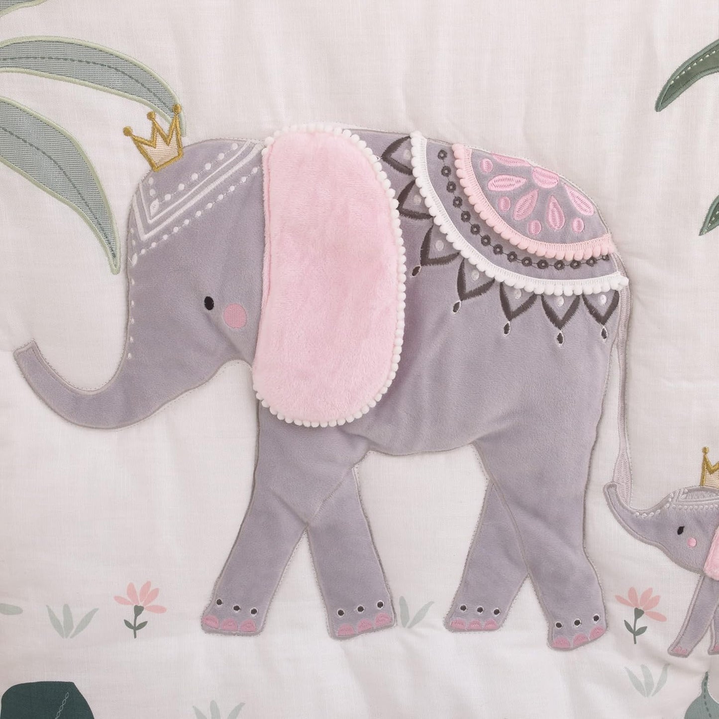 NoJo Tropical Princess Elephant/Jungle Pink and Green 4 Piece Crib Bedding Set - Comforter, Fitted Crib Sheet, Dust Ruffle and Storage