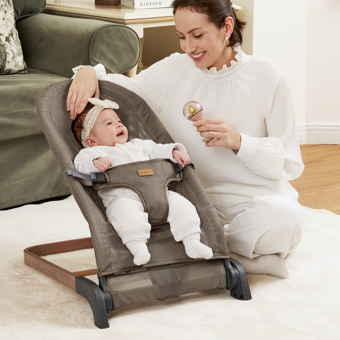 Foldable Baby Bouncer, Baby Seat with 3 Adjustable Heights, Portable Newborn Rocker, Ergonomic Bouncy Seat for Natural Bounce, Bouncer for Babies 0-6 Months, Soft Cotton (Beige)