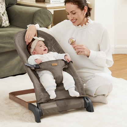 Foldable Baby Bouncer, Baby Seat with 3 Adjustable Heights, Portable Newborn Rocker, Ergonomic Bouncy Seat for Natural Bounce, Bouncer for Babies 0-6 Months, Soft Cotton (Beige)