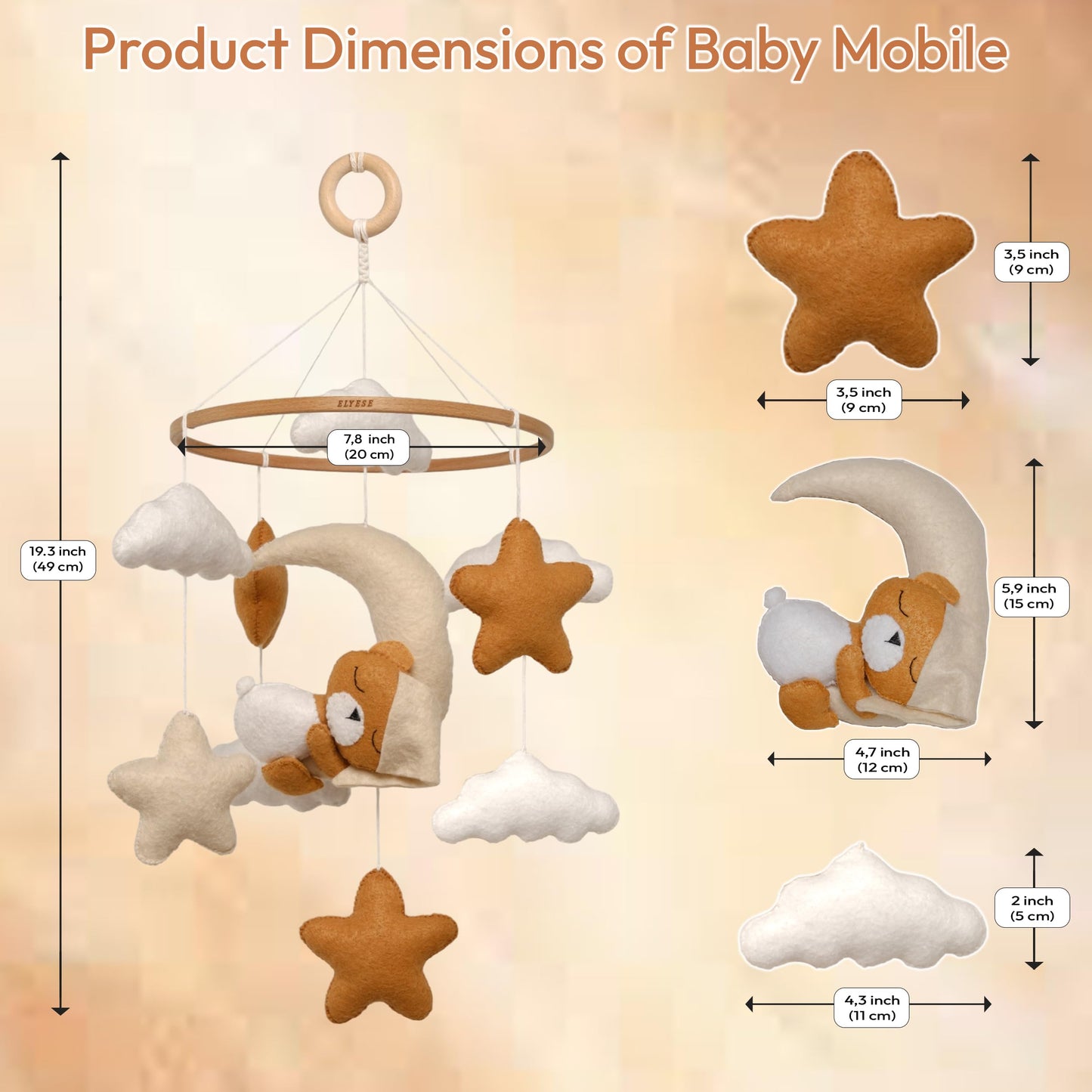 Crib Mobile for Girls, Sleeping Princess Bear Baby Mobile for Crib, Handmade Felt Crib Mobile, Baby Crib Mobile with Cloud and Stars, Nursery Baby Mobile for Bassinet (Cinnamon)