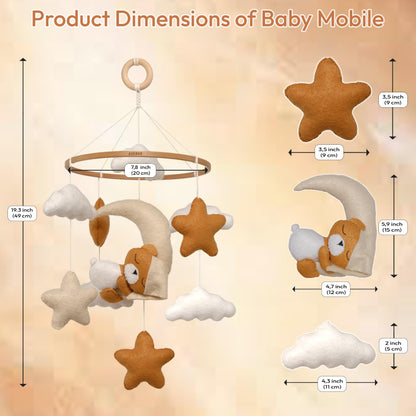 Crib Mobile for Girls, Sleeping Princess Bear Baby Mobile for Crib, Handmade Felt Crib Mobile, Baby Crib Mobile with Cloud and Stars, Nursery Baby Mobile for Bassinet (Cinnamon)