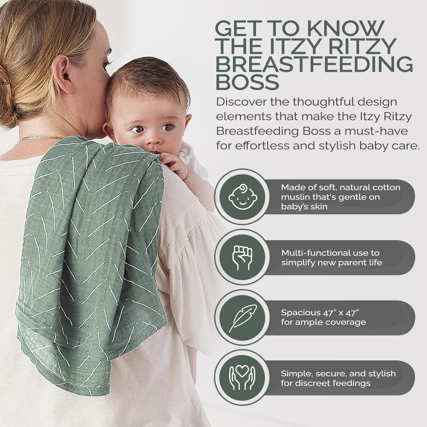 Itzy Ritzy Breastfeeding Boss Multi-Use Cover – A Nursing Cover, Swaddle, Car Seat Cover, Tummy Time Mat & Burp Cloth All in One – Made of Soft Muslin Fabric & Measures 47” x 47” (Taupe Stripe)