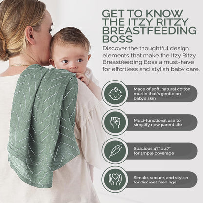Itzy Ritzy Breastfeeding Boss Multi-Use Cover – A Nursing Cover, Swaddle, Car Seat Cover, Tummy Time Mat & Burp Cloth All in One – Made of Soft Muslin Fabric & Measures 47” x 47” (Taupe Stripe)