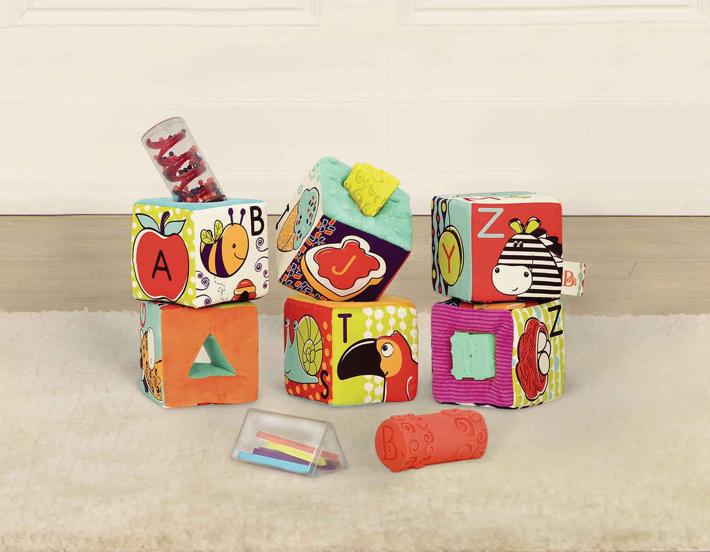 B. Toys Soft Fabric Building Blocks for Toddlers - Educational Alphabet Blocks with Textured Shapes - Stack & Play ABC Blocks for 6 Months+