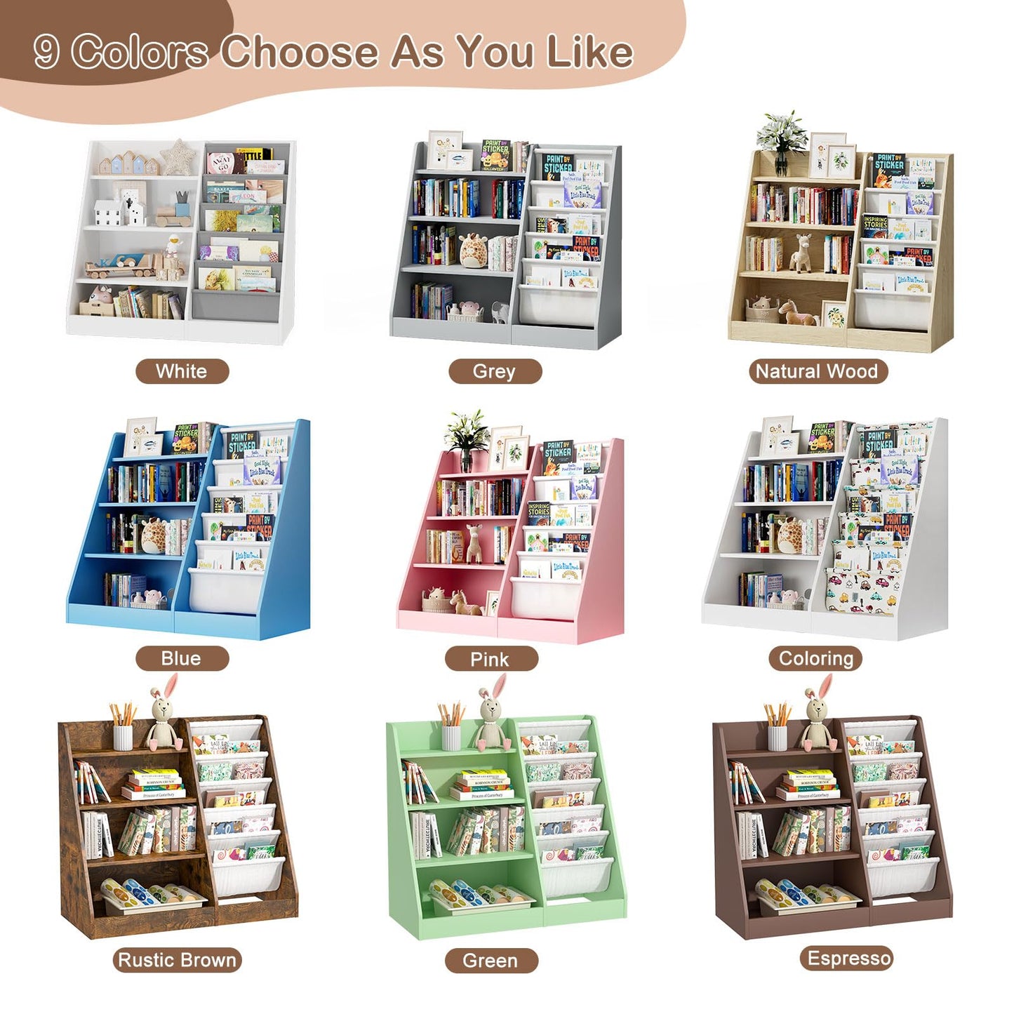 White Kids Bookshelf Wood Toy Storage Organizer Cabinet Children Bookcase Toddler Baby Sling Book Rack 3 Cube Bins Fabric Drawers for Playroom Bedroom Nursery School