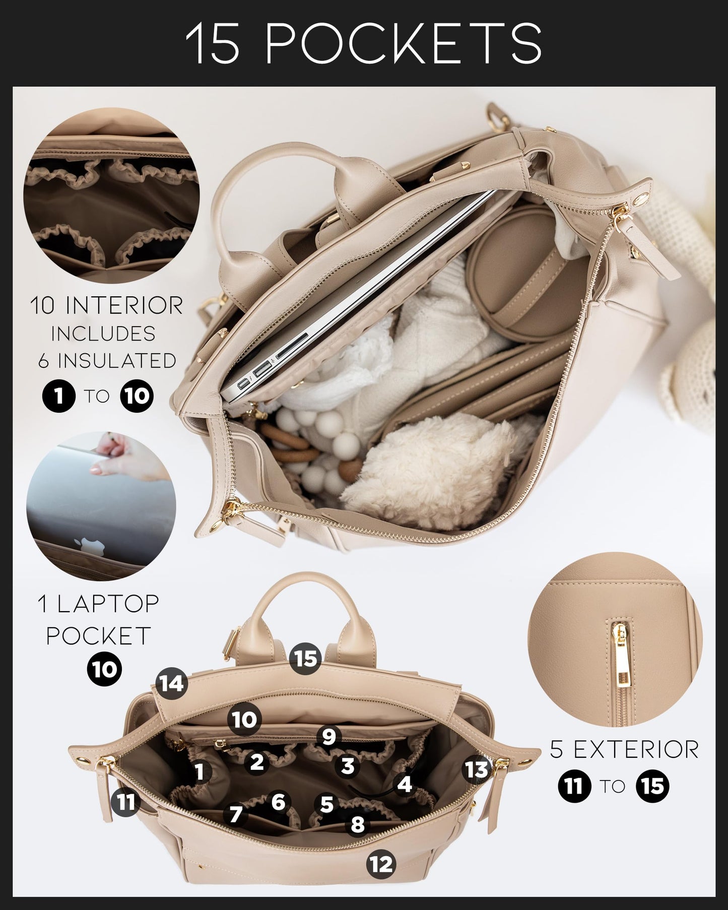 Leather Diaper Bag Backpack with USB Charging port, Changing Pad, Stroller Straps, and Bottle Holder (Brown Olivia)