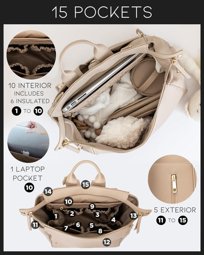 Leather Diaper Bag Backpack with USB Charging port, Changing Pad, Stroller Straps, and Bottle Holder (Brown Olivia)