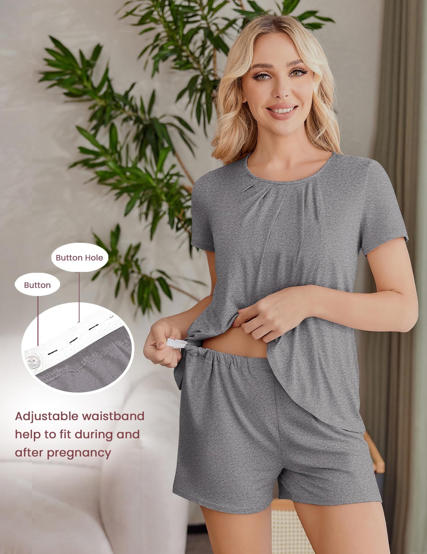 Ekouaer Women's Maternity Nursing Pajamas Set Breastfeeding Sleepwear Double Layer Short Sleeve Top & Shorts Nursing Pjs