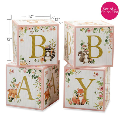Kate Aspen Woodland Baby Shower Boxes with Letters for Baby Shower Gender Reveal Decorations Photo Prop & Forest Animal Nursery Decor (Set of 4 Blocks Spells Baby)