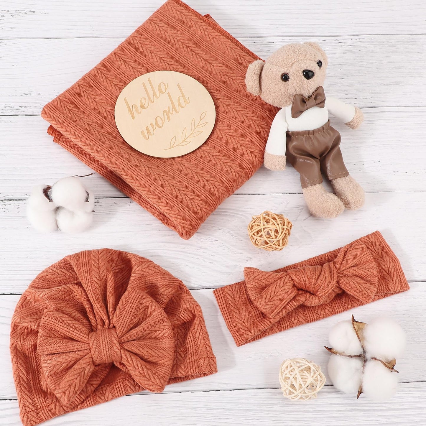 DRESHOW BQUBO Baby Swaddle Blankets for Girls, 4PCS Newborn Accessories Set with Matching Hat and Bow Headband with Card