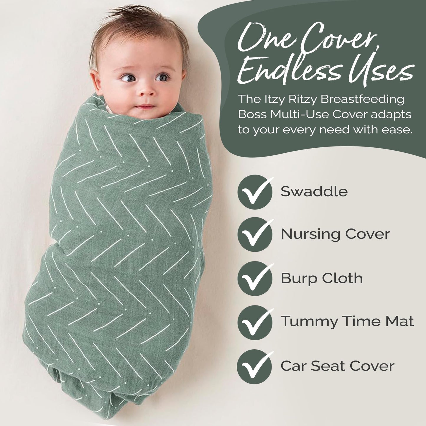 Itzy Ritzy Breastfeeding Boss Multi-Use Cover – A Nursing Cover, Swaddle, Car Seat Cover, Tummy Time Mat & Burp Cloth All in One – Made of Soft Muslin Fabric & Measures 47” x 47” (Taupe Stripe)