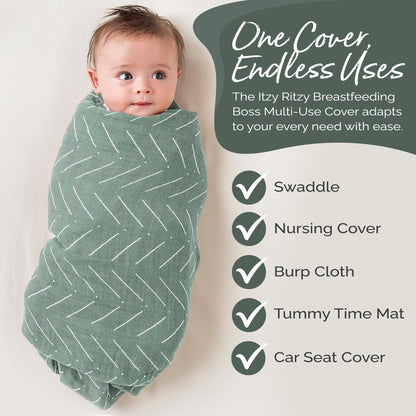 Itzy Ritzy Breastfeeding Boss Multi-Use Cover – A Nursing Cover, Swaddle, Car Seat Cover, Tummy Time Mat & Burp Cloth All in One – Made of Soft Muslin Fabric & Measures 47” x 47” (Taupe Stripe)