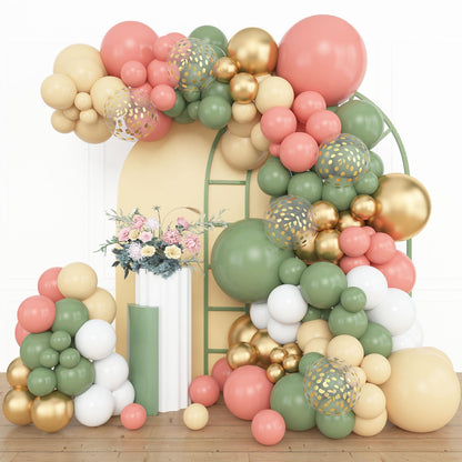 Amandir 153pcs Sage Green Balloon Garland Arch Kit, Different Sizes 18 12 10 5 inch Green Blush Gold Latex Metallic Confetti Gold Balloons for Birthday Baby Shower Wedding Safari Forest Decorations