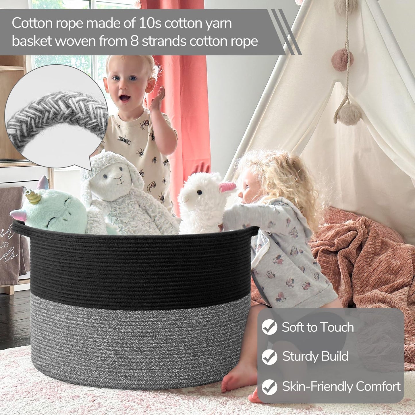 INDRESSME XXXLarge Cotton Rope Basket 21.7" x 21.7" x 13.8" Woven Baby Laundry Blanket Basket Toy Baskets with Handle Storage Comforter Cushions Thread Laundry Hamper