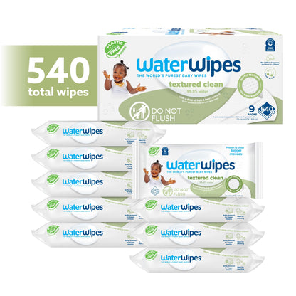 WaterWipes Plastic-Free Textured Clean, Toddler & Baby Wipes, 99.9% Water Based Wipes, Unscented & Hypoallergenic for Sensitive Skin, 60 Count (12 packs), Packaging May Vary