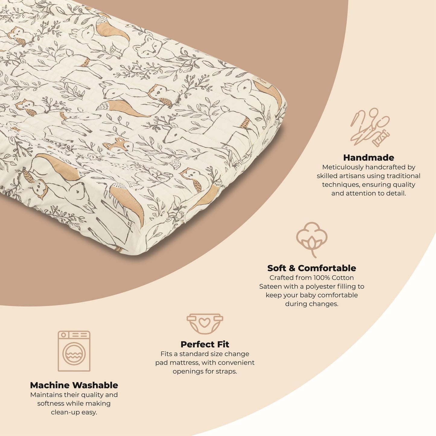 Crane Baby Quilted Changing Pad Cover with Animal Print, Breathable Cotton Sateen, Fits Standard 16”X32” Pads, Ocean Whale Blue