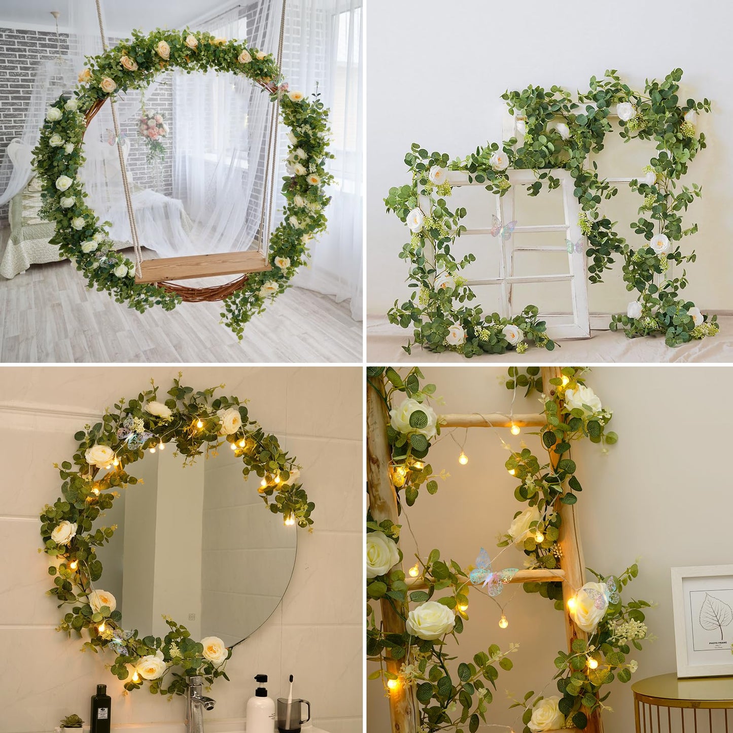 Yastouay 6.4 Ft Fuller Artificial Eucalyptus Garland with Champagne Flowers Fake Rose Vine for Table Centerpiece Wedding Baby Shower Party Room Backdrop Decor