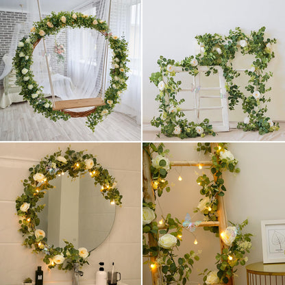 Yastouay 6.4 Ft Fuller Artificial Eucalyptus Garland with Champagne Flowers Fake Rose Vine for Table Centerpiece Wedding Baby Shower Party Room Backdrop Decor