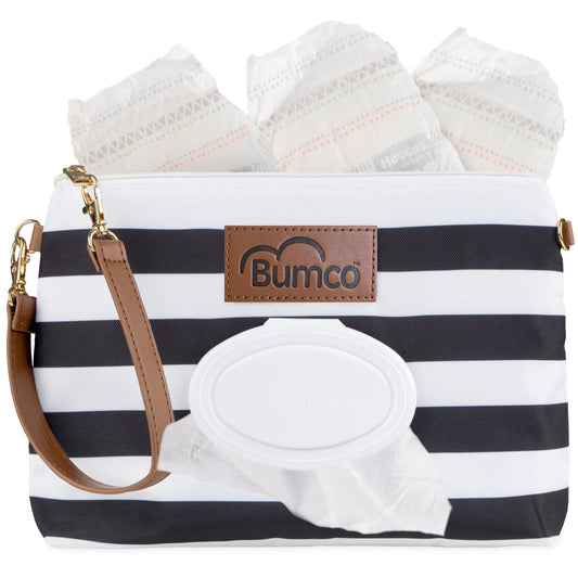 Bumco Diaper Clutch Bag with Refillable Wipes Dispenser - Water Resistant, Lightweight Diaper Pouch with on the go Wipes Dispenser, Portable Baby Wipe Dispenser, (Pink Stripes)