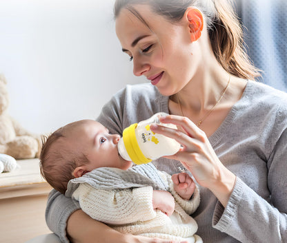 YOHKOH Glass Baby Bottles with Slow Flow Nipple, Newborn Anti-Colic Baby Bottles for 0+ Months, Wide Neck Feeding Bottle, Clear (Red, 2.7oz (Pack of 2))