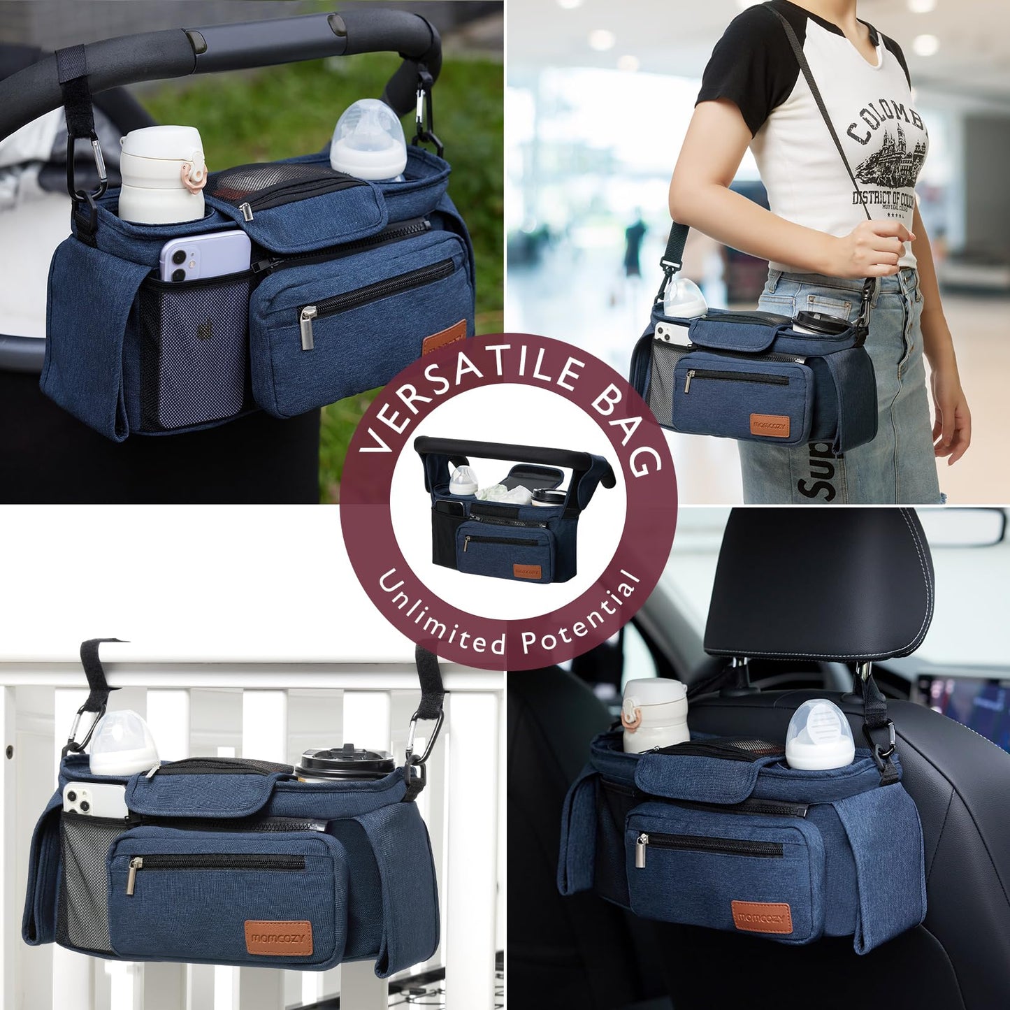 Momcozy Universal Stroller Organizer, 2 Insulated Cup Holders, Removable Zip Pocket, Adjustable Straps, Large Capacity Baby Essentials Compact Design, Fits Any Stroller (Multicolor)