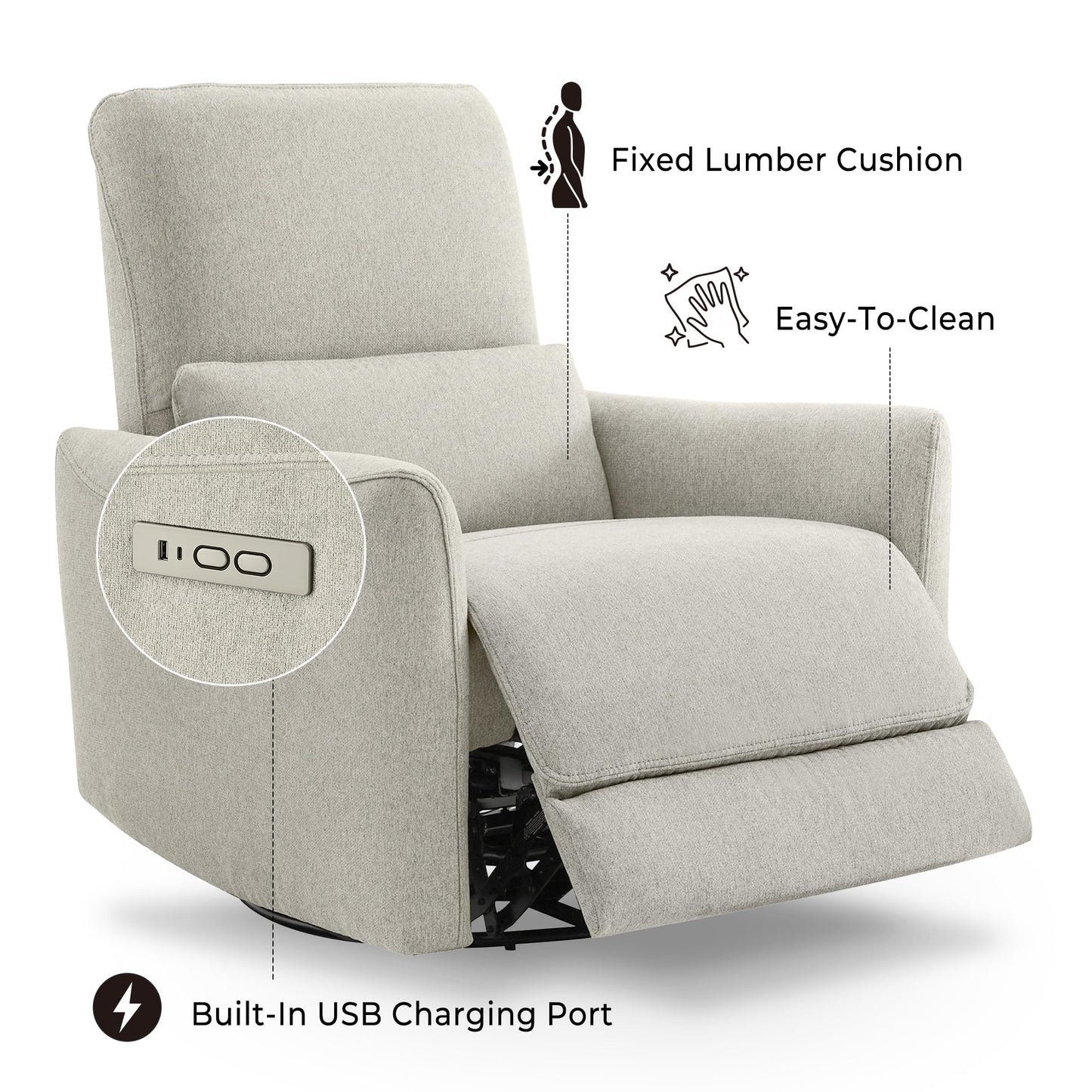 CHITA Power Recliner Chair Swivel Glider, FSC Certified Upholstered Living Room Nursery Reclining Sofa Chair with Lumbar Support, Linen