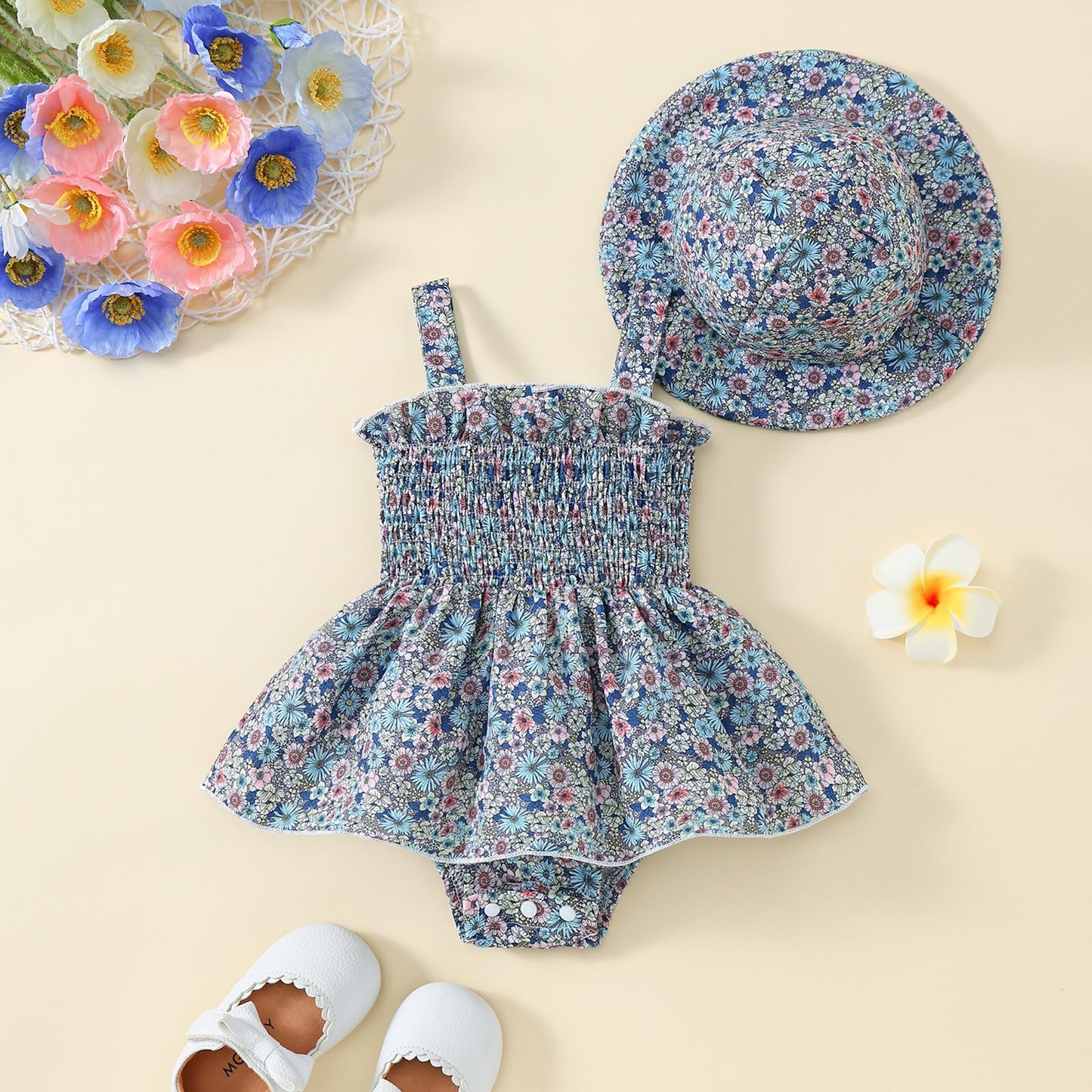 Toddler Baby Girl Summer Clothes Halter Floral Romper Dress Backless Outfits with Hat