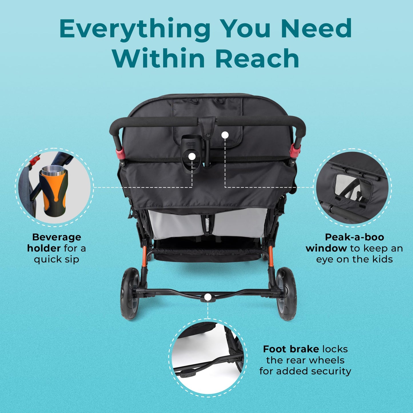 Gaggle by Foundations Compass Quad 4 Seat Stroller | 4-Seat Stroller for Daycare | Oversized UV Blocking Canopy | 5-Point Harness | Easy Loading | Storage Bucket | Black