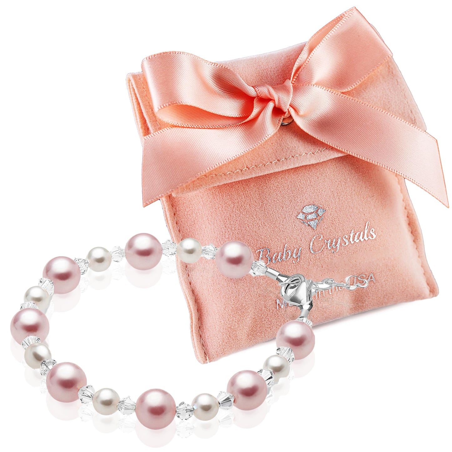 Pretty Sterling Silver Bracelets for Girls with Pink and White Simulated Pearls, European Crystals, Girls Jewelry, Pearl Bracelet for Girl, Birthday Gifts