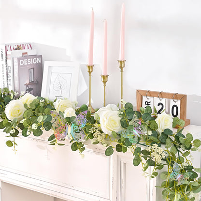 Yastouay 6.4 Ft Fuller Artificial Eucalyptus Garland with Champagne Flowers Fake Rose Vine for Table Centerpiece Wedding Baby Shower Party Room Backdrop Decor