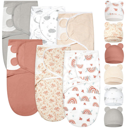 Ramede 6 Pack Baby Swaddle Blanket with Hats Sleep Swaddle for 0-3 Months Newborn Sacks Soft Cotton Wearable for Boy Girl