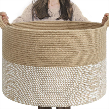 INDRESSME XXXLarge Cotton Rope Basket 21.7" x 21.7" x 13.8" Woven Baby Laundry Blanket Basket Toy Baskets with Handle Storage Comforter Cushions Thread Laundry Hamper