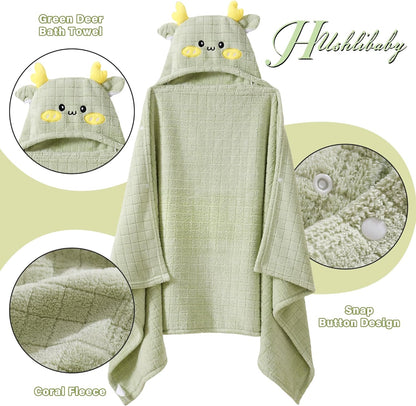 Hooded Baby Towels Set,Baby Towels 2 Pack Soft Thick Absorbency Bath Towel Gift with Animal Design for Newborn,Infant,Toddler,Boys,Girls and Kids,Newborn Essential, 27.5x55Inch(Green Deer&Pink Bunny)