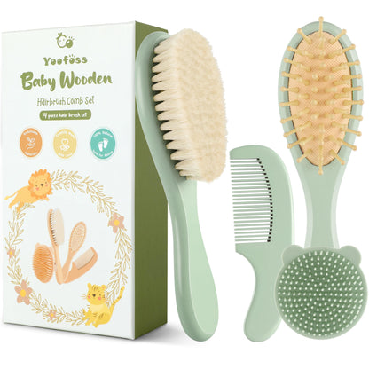Yoofoss 4 Piece Baby Brush and Comb Set, Wooden Baby Brush with Natural Ultra Soft Goat Hair, Baby Hair Brush for Newborn, Baby Brush Set for Boy Girl