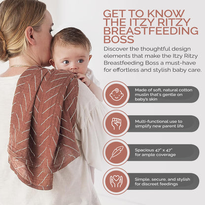 Itzy Ritzy Breastfeeding Boss Multi-Use Cover – A Nursing Cover, Swaddle, Car Seat Cover, Tummy Time Mat & Burp Cloth All in One – Made of Soft Muslin Fabric & Measures 47” x 47” (Taupe Stripe)