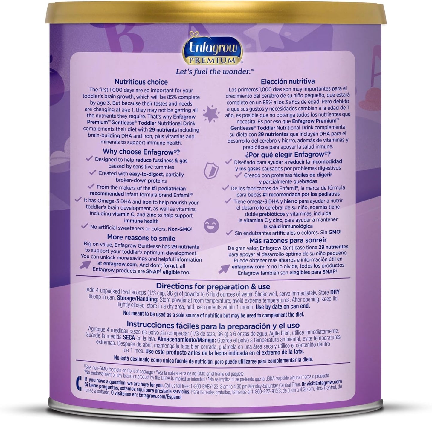 Enfagrow PREMIUM Gentlease Toddler Nutritional Drink, Made with Real Milk, Designed to Ease Fussiness, Gas & Crying, Brain-Building Omega-3, Nutrients for Growth & Immune Support, Powder Can, 29.1 Oz