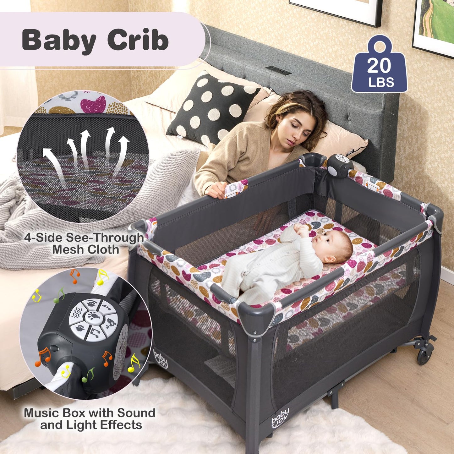 BABY JOY 5 in 1 Pack and Play, Portable Baby Playard w/Bassinet & Diaper Changing Table, Infant Pink Bassinet Crib with Toys & Music & Oxford Bag for Baby Girl Toddlers (Pink + Purple, Starry Sky)