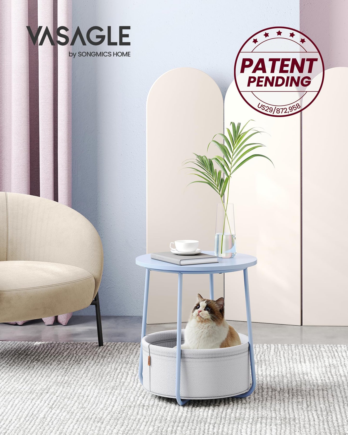 VASAGLE End Table, Small Bedside Table with Fabric Basket, Modern Nightstand, Round Side Table, for Living Room, Bedroom, Matte White and Camel Brown ULET223W10