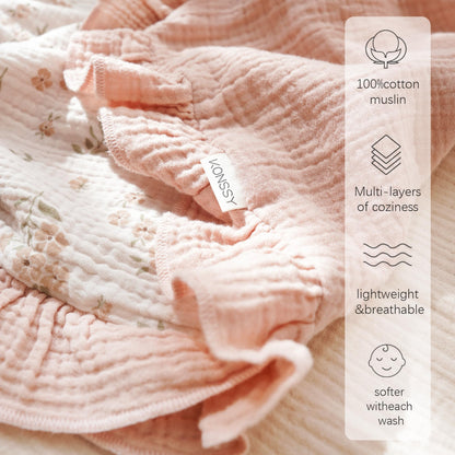 Konssy Flounce Muslin Baby Blankets, Cotton Crib Blanket for Baby Infant Toddler, Super Soft and Lightweight Nursery Blankets 40"x36" (Blossom)